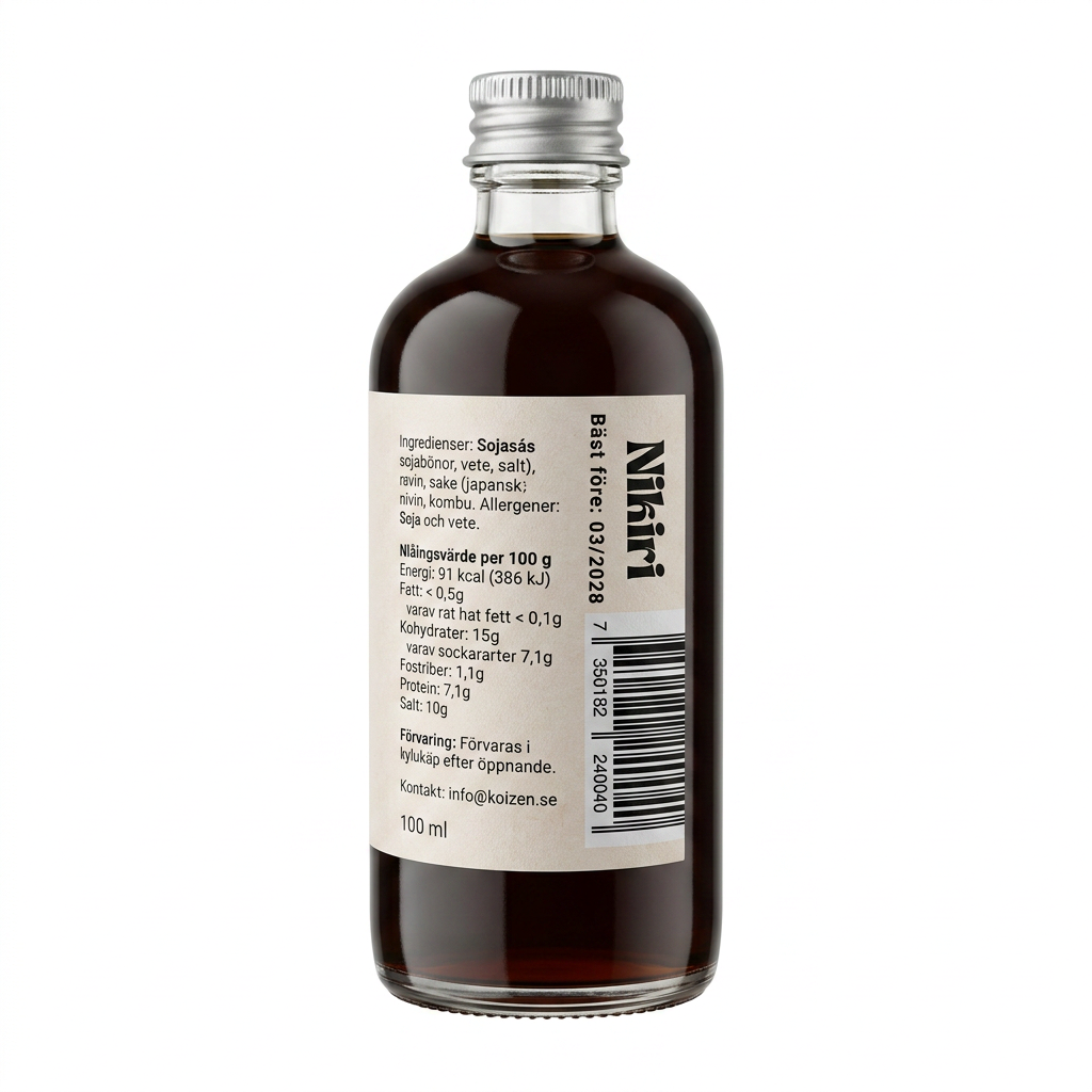 Koizen Nikiri sojasås – baksidesetikett med ingredienser och näringsvärde