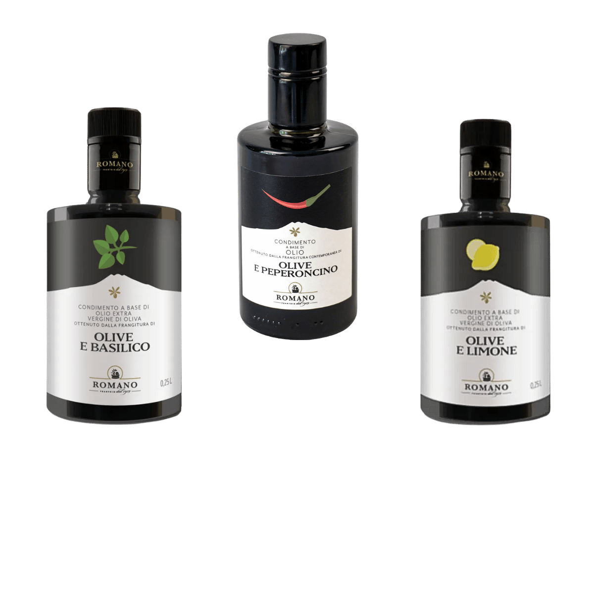 Smaksatt olivolja – paket med tre extra jungfruolivoljor: basilika, citron och chili, 250 ml var