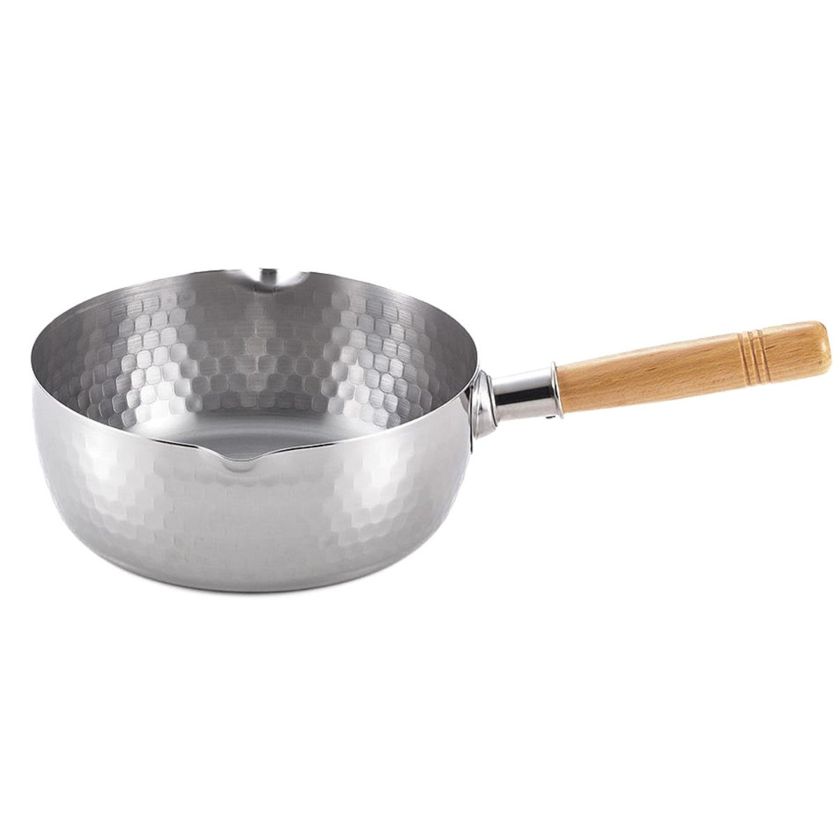 Yukihira-kastrull 18 cm från Yoshikawa – klassisk japansk design i rostfritt stål med trähandtag och hällpipar på båda sidor.