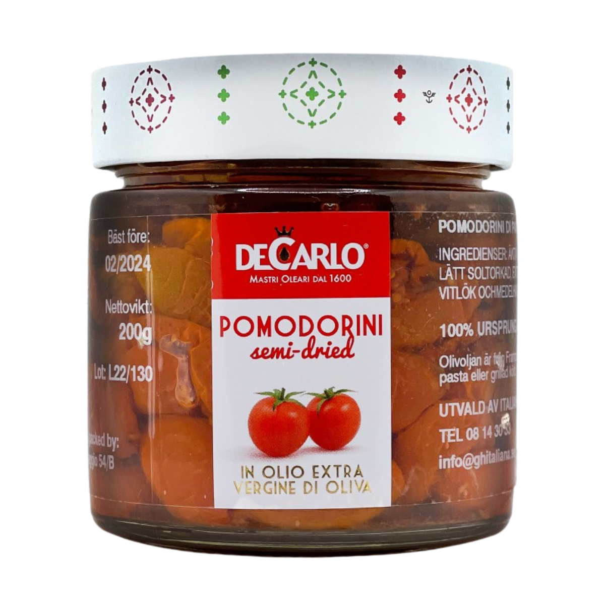 Semi-torkade körsbärstomater i olivolja – De Carlo – 200 g
